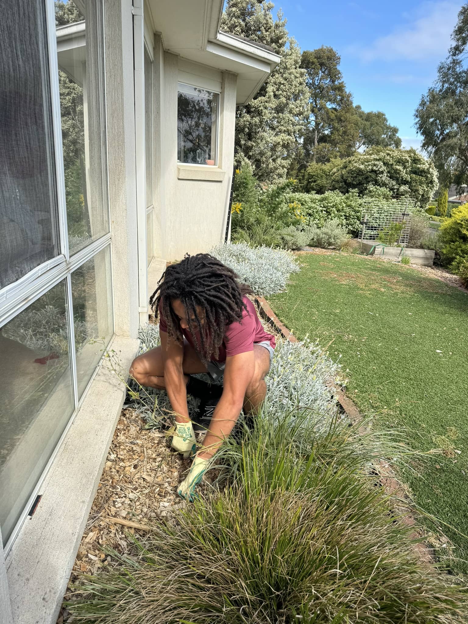 Hakeem pulling out weeds from garden